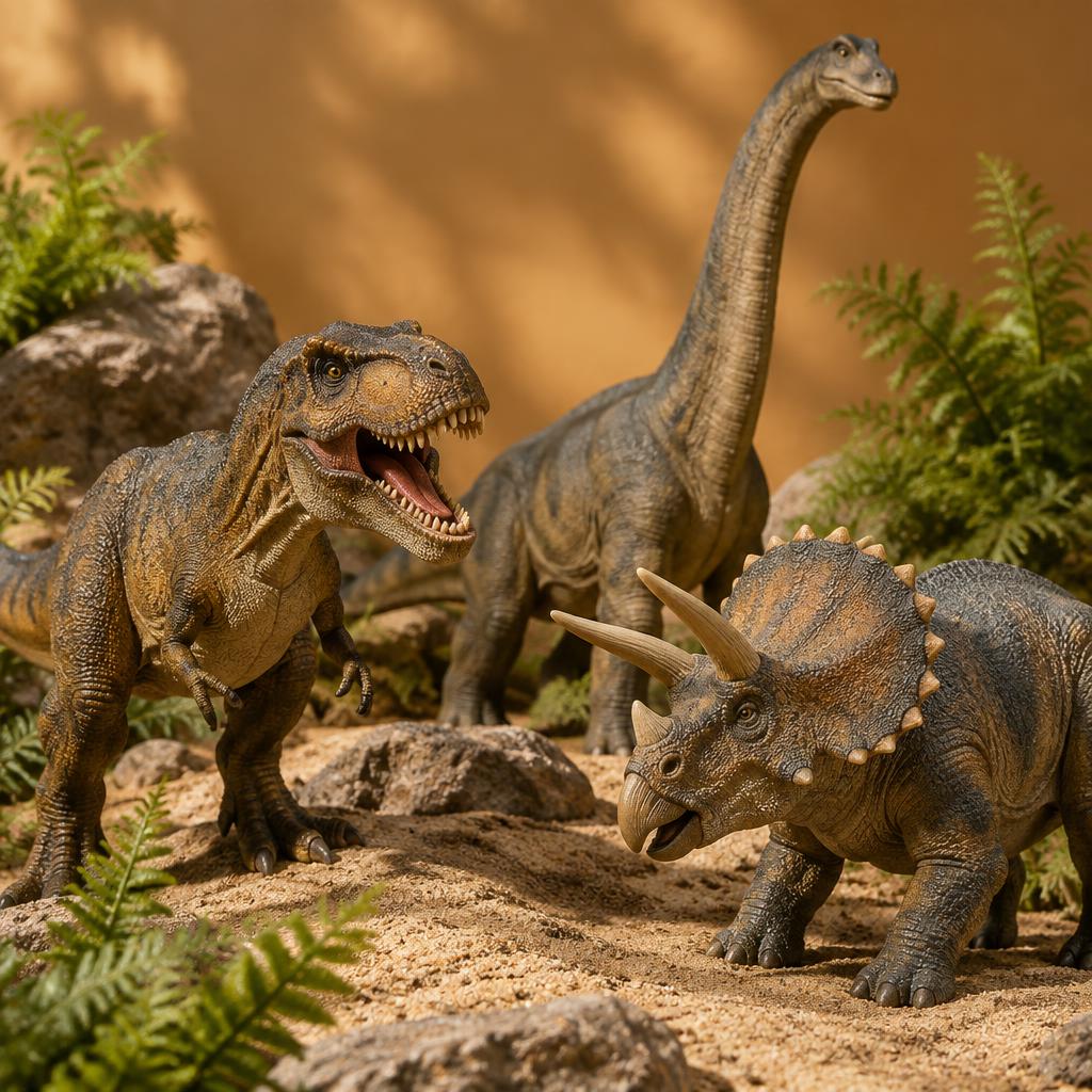 Dinosaurios de distintas especies en un paisaje prehistórico